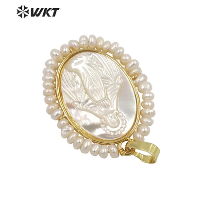 WT-JP253 WKT New Hot 18k Real Gold Bezel Handmade Pearl Wire Wrapped the Mother of Jesus Christ Virgen Marias Pendant in Shell