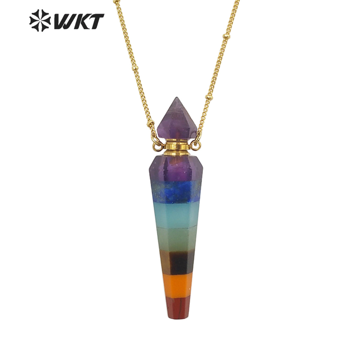 WT-N1406 Wholesale Fashion Energy Seven CHAKELA Natural Stone Essencial Oil Bottle Pendant Necklace with 18k Gold Stellite Chain
