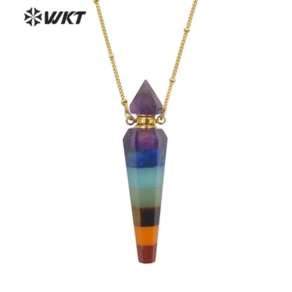 WT-N1406 Wholesale Fashion Energy Seven CHAKELA Natural Stone Essencial Oil Bottle Pendant Necklace with 18k Gold Stellite Chain