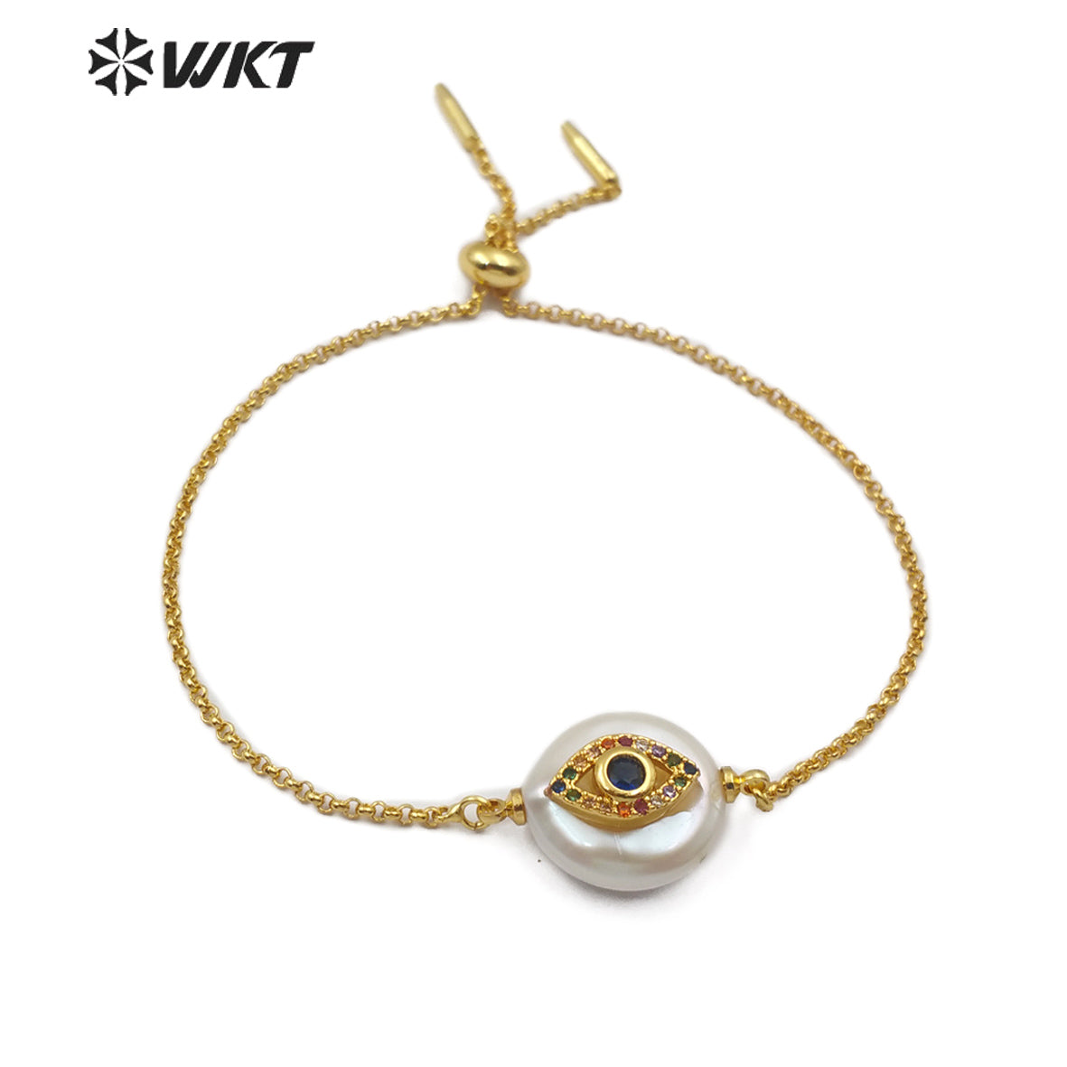 WT-MB111 Wholesale Pearl Gold Bracelet Pearl With CZ Stone Pave Eye Pattern and Hand Pattern Fashion Charm Bracelet