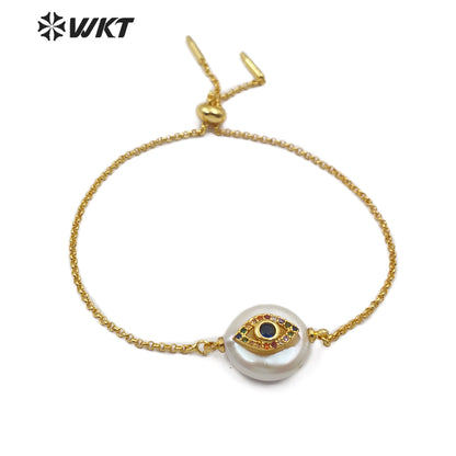 WT-MB111 Wholesale Pearl Gold Bracelet Pearl With CZ Stone Pave Eye Pattern and Hand Pattern Fashion Charm Bracelet