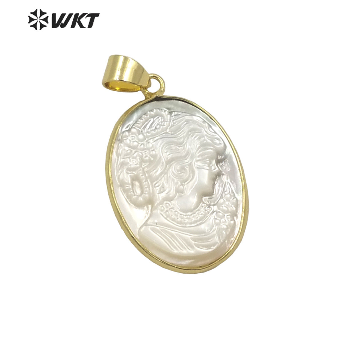 WT-JP267 Super Beauty Design with Gold Bezel Women Natural Shell Made Hand Carved the Beauty Women Photo Pendant for Necklace