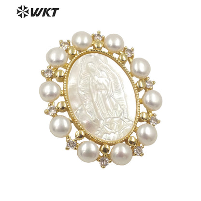 WT-JP275 Women Gorgeous Mother of Pearl Cubic Zircon Religious Pendant UK Design Tiny Pearl Charm Virgin Mary Necklace Pendant