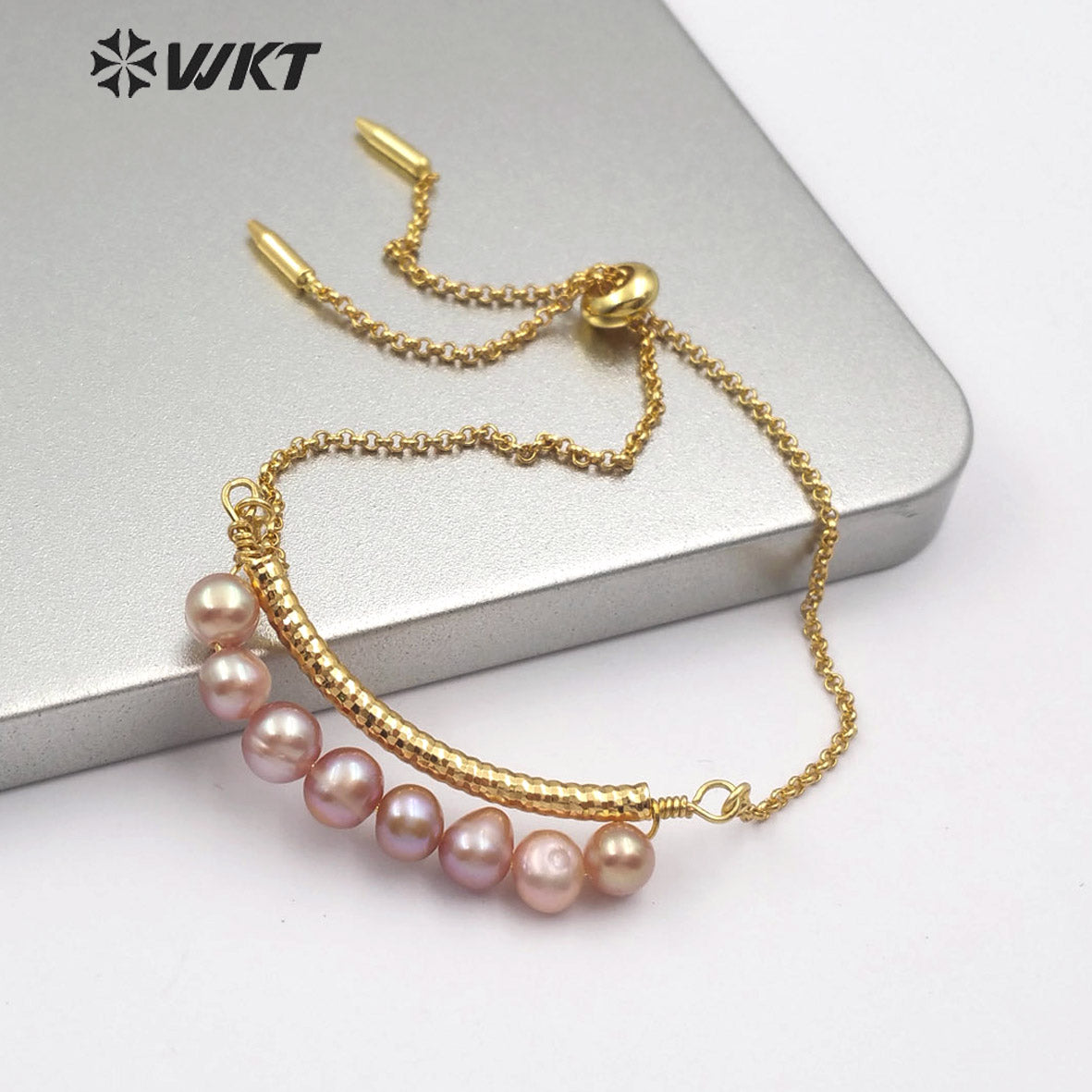WT-B481 Wholesale Jewelry Pearls Strung in Bends Gold Bracelet Natural Freshwater Pearl Adjustable Bracelet Rose Gold Bracelet