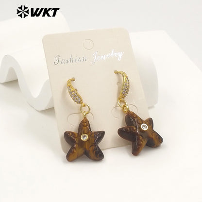 WT-E815 Interesting And Delicate Multiple Natural Gemstones Starfish Shape Gold Earrings As Girl Friends Jewelry Present