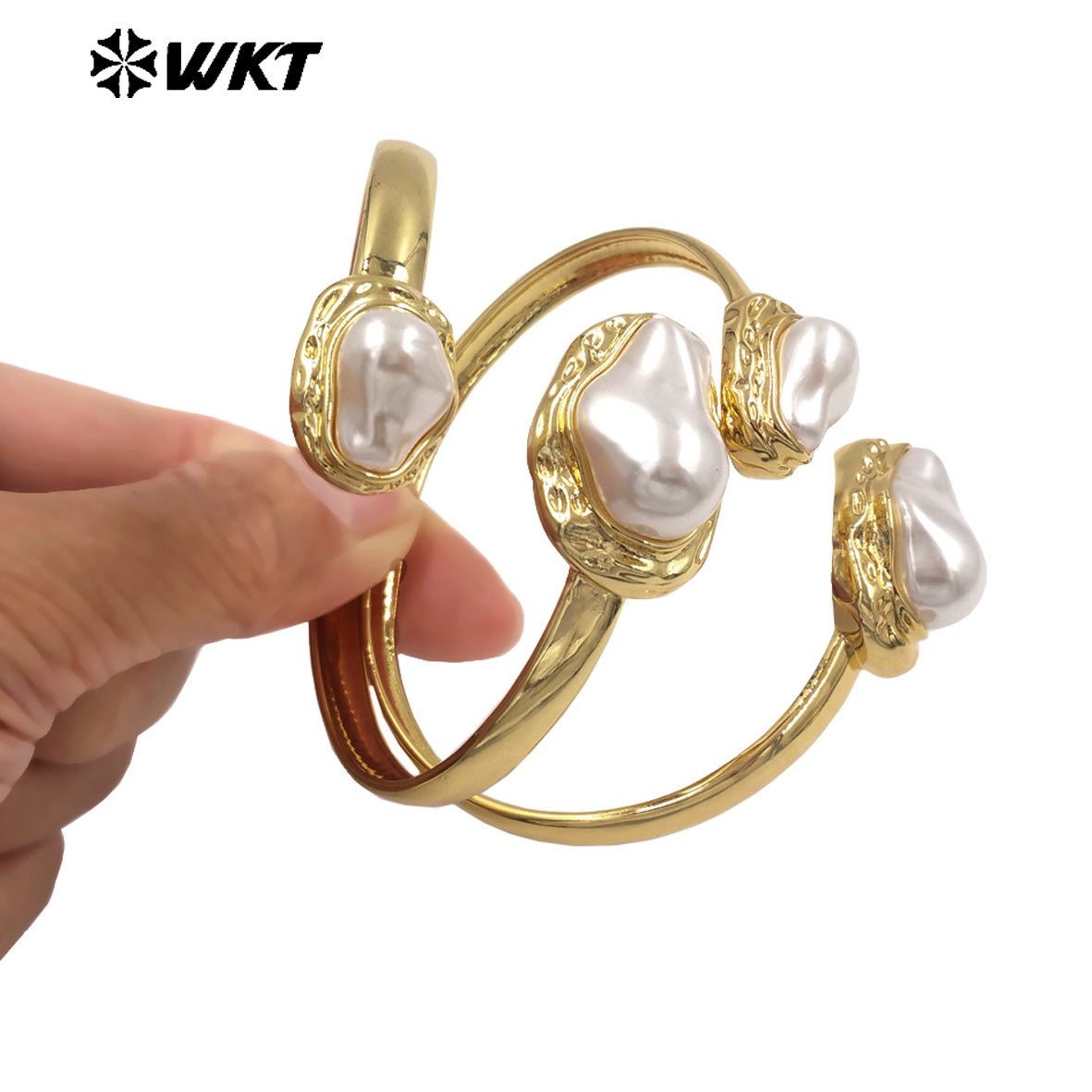 MPB133 Popular Simple Design 18K Gold Plated With Two Artificial Pearls Lady Cuff Bangles For Daily Wearing Decorations