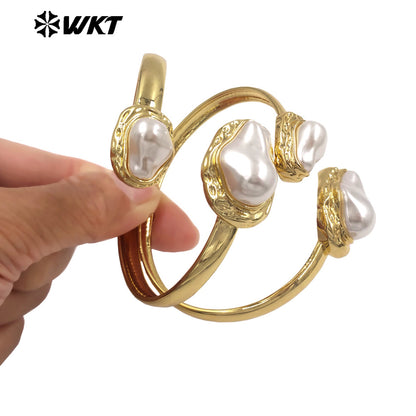 MPB133 Popular Simple Design 18K Gold Plated With Two Artificial Pearls Lady Cuff Bangles For Daily Wearing Decorations
