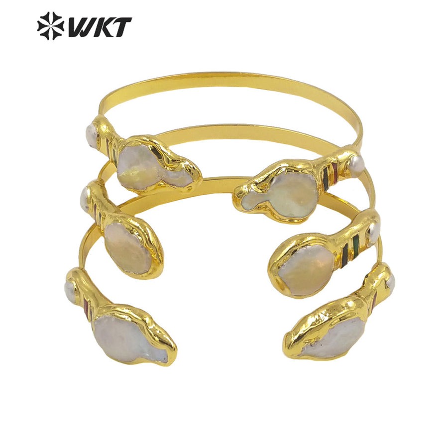 WT-MPB076 Fashion Freshwater Pearl Bangle 18k Real Gold Plated Double Pearl Gorgeous Delicate Women Bangle in Adjustable