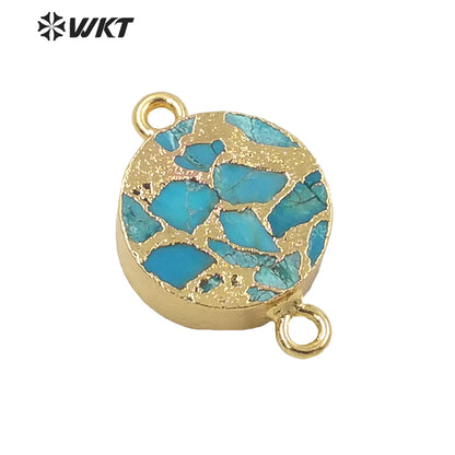WT-C300 WKT Newest Natural Copper Turquoise Stone Connectors for Jewelry Bracelet and Necklace Double Loops Round Stone Pendant