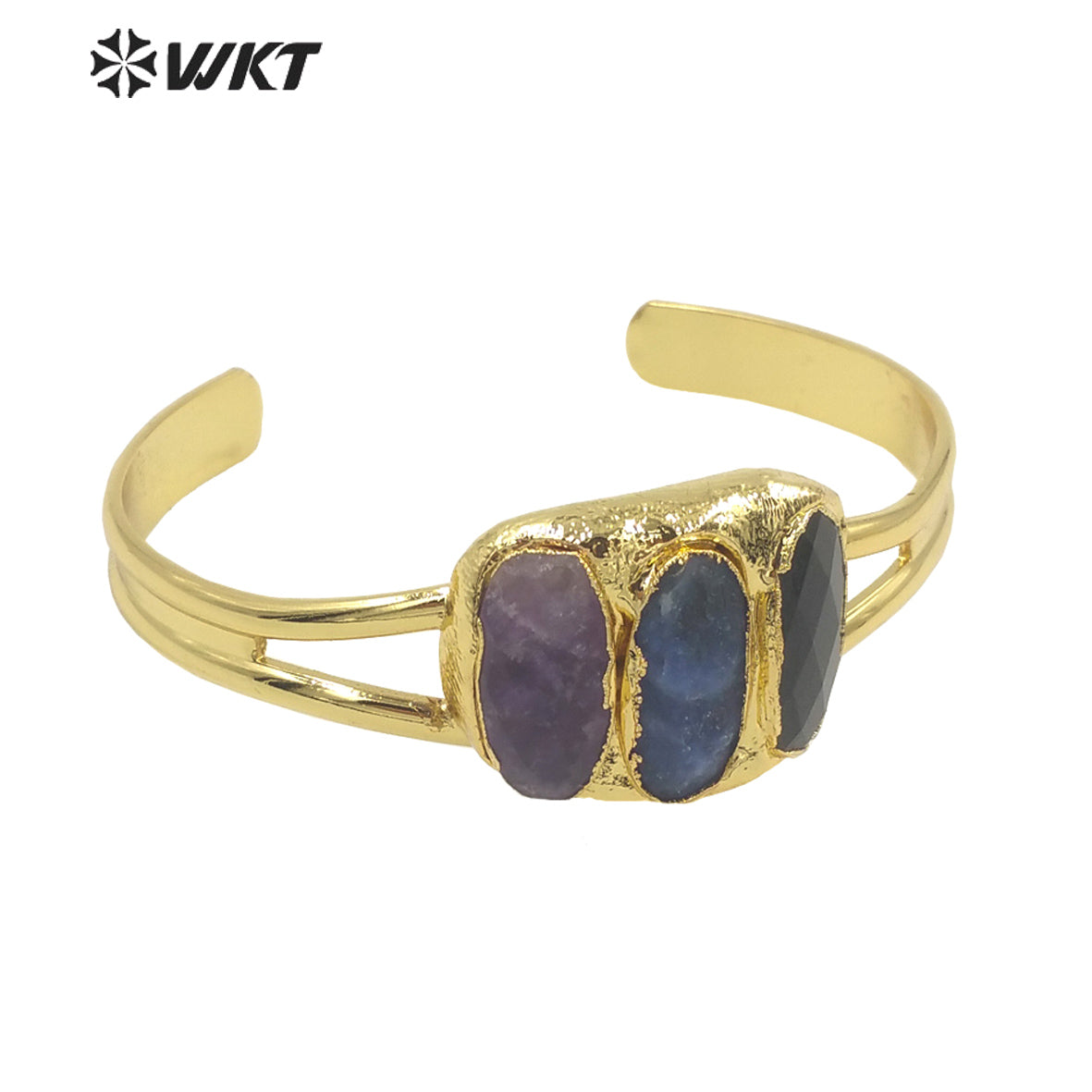 WT-B609 2022 Pastoral Three-color Gemstone Bangles C-shaped Opening Bangles Temperament 18k Gold-plated Natural Stone Bangles