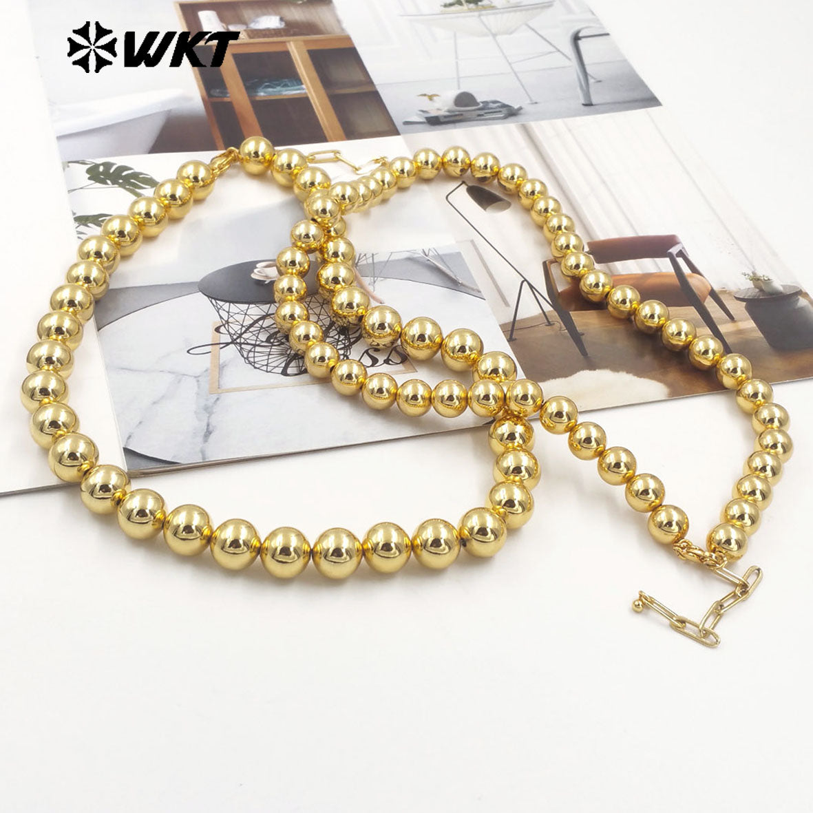 WT-JFN14 Fashionable 18K Real Gold Plated Round Big Brass Beads Hand Strand Chain Necklace 10 and 12MM Available