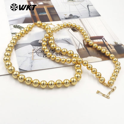 WT-JFN14 Fashionable 18K Real Gold Plated Round Big Brass Beads Hand Strand Chain Necklace 10 and 12MM Available