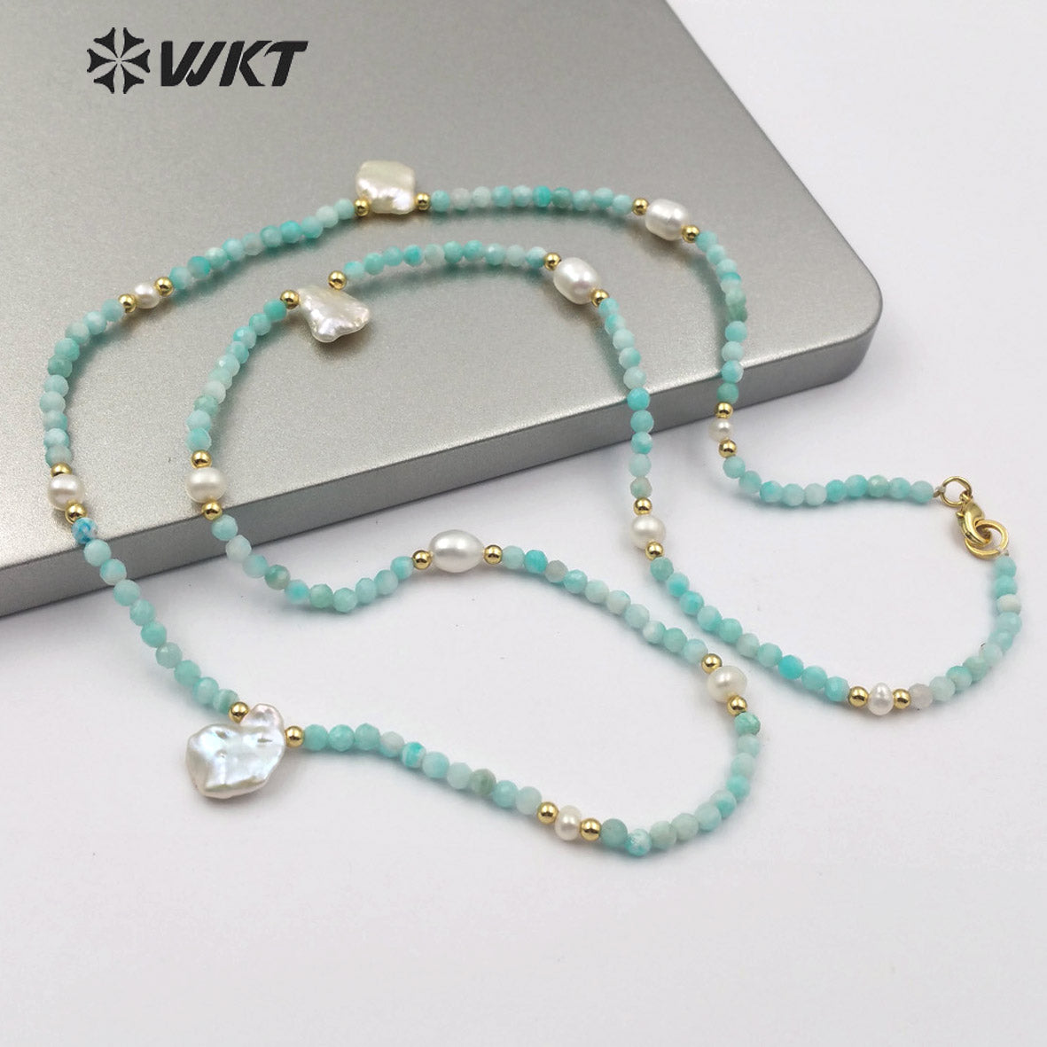 WT-N1181 Classic Fashion Pearl With 3mm Amazonite Faceted Beads Necklace Women High Quality Natural Amazonite Beads Necklace