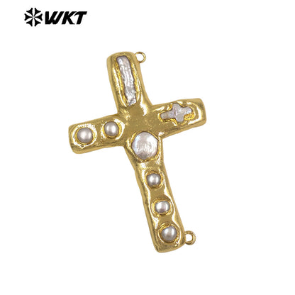 WT-PC015 The New Listing Back Full Gold Plated Natural Freshwater Pearl Cross Connector For DIY Women Necklace Jewelry