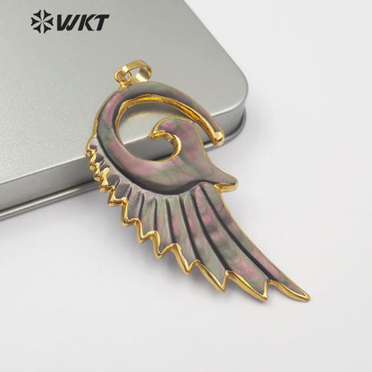 WT-P905 WKT New Style! Genuine Natural Sea Shell Feather Pendant, 18k Gold Dipped Shell Feather Pendant