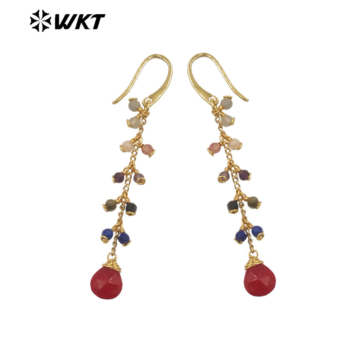 WT-E725 Amazing Colorful Gemstone Wire Wrapped Long Charming Earrings Women Dangle Gold Birthday Stone Earrings in Drop