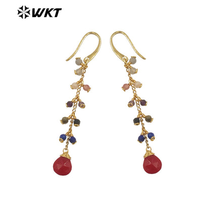 WT-E725 Amazing Colorful Gemstone Wire Wrapped Long Charming Earrings Women Dangle Gold Birthday Stone Earrings in Drop