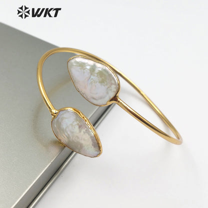 WT-B448 Jewelry in Teardrop Shape Adjustable Gold Bangle Pearl Cuff Wedding Bangle Double Natural Freshwater Pearl Bangle