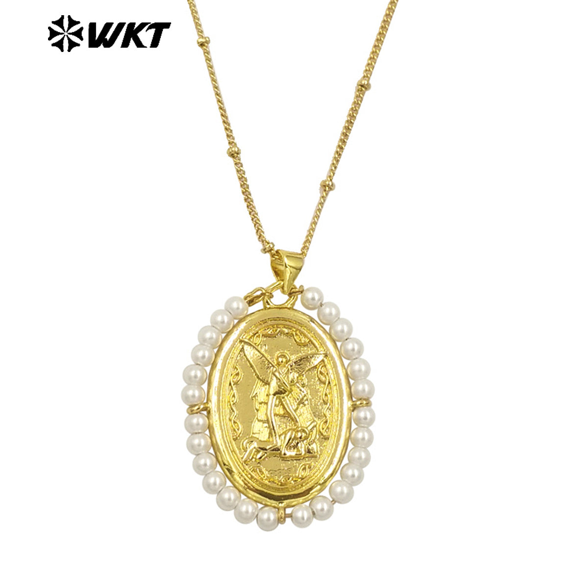 WT-MN990 Fashion Women 18K Real Gold Plated Oval Shape Crystal Wire Wrapped Guardian Angel Necklace for Christian