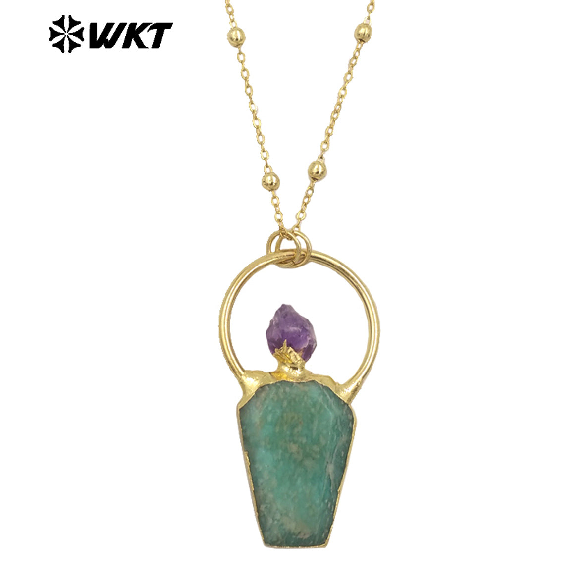 WT-N1465 Newest Fashion Gold Plated Gemstone Carved With Big Ring Hoop Charming Stone Necklace for Birthday Gift