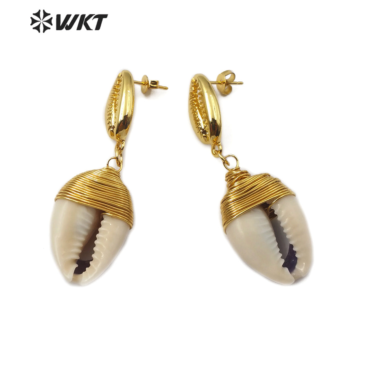 WT-E575 Wholesale Natural Cowrie Earring With Gold Electroplated Wire Wrapping Fashion Women Charm Cowrie Earring