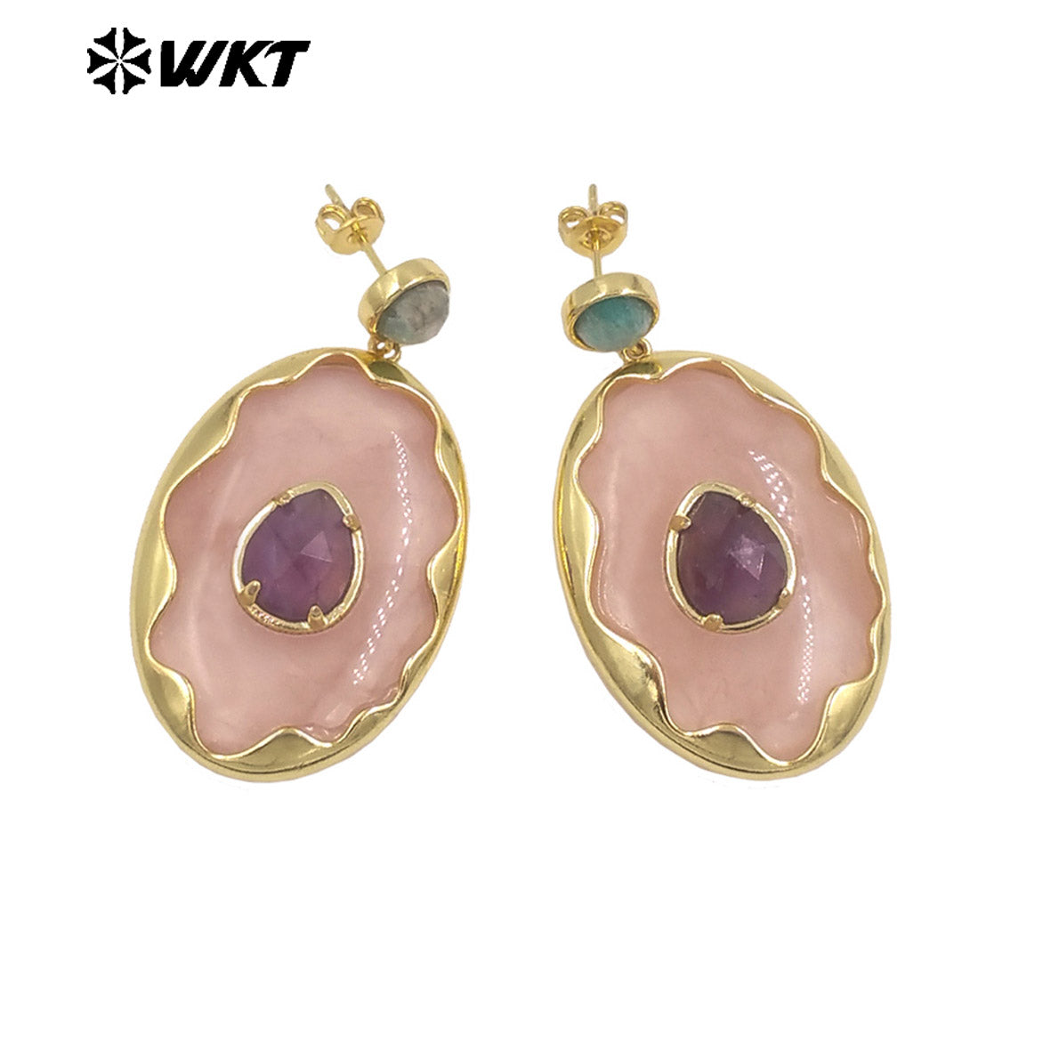 WT-E801 Gorgeous Romantic Style Gold Plated Various Natural Gemstones Big Pendant Earrings For Women Wedding Wearing Jewelry