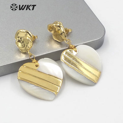 WT-MPE043 WKT Amazing Gold Electroplated Resist Tarnishable White Heart Shell Earrings Women Fashion Gold Wedding Earrings