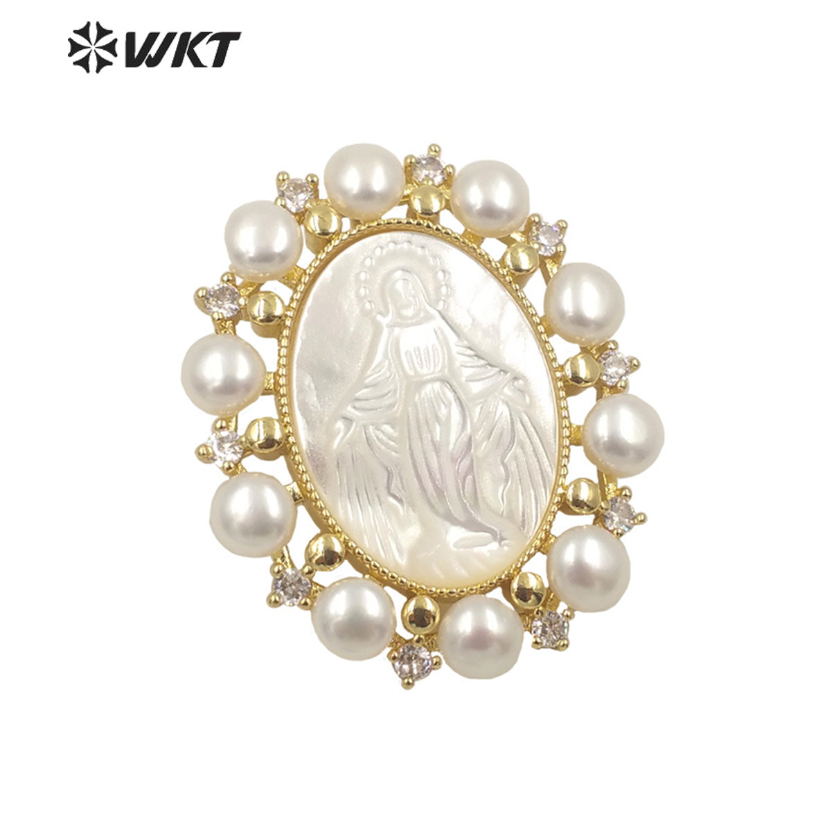 WT-JP277 Amazing Unique Gold Micro Pave Cubic Zircon White Shell Pendant European Hot Gorgeous Pearl Charm Mary Pendant