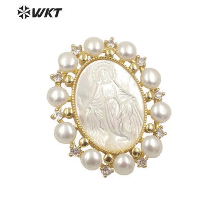 WT-JP277 Amazing Unique Gold Micro Pave Cubic Zircon White Shell Pendant European Hot Gorgeous Pearl Charm Mary Pendant