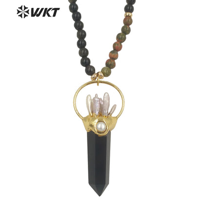 WT-N1338 WKT Women Fashion 30 Inch Long Bead Necklace Handmade Vintage Boho Gemstone Big Quartz Point Necklace Beads Necklace