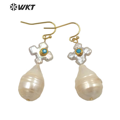 WT-MPE056 Elegant Gorgeous Natural Freshwater Baroque Pearl Drop Earrings Fashion Office Style White Real Pearl Teardrop Earring