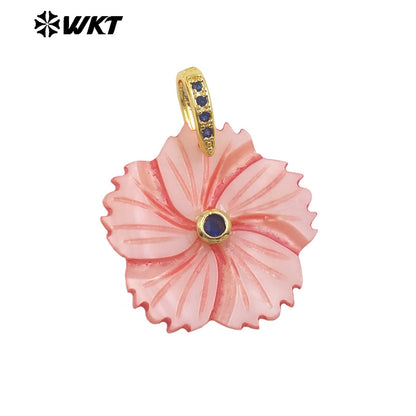 WT-JP477 Fashion Cute Style White And Pink Natural Shell With Zircon Hand Carved Multi Flower Shape Pendants For Necklace DIY