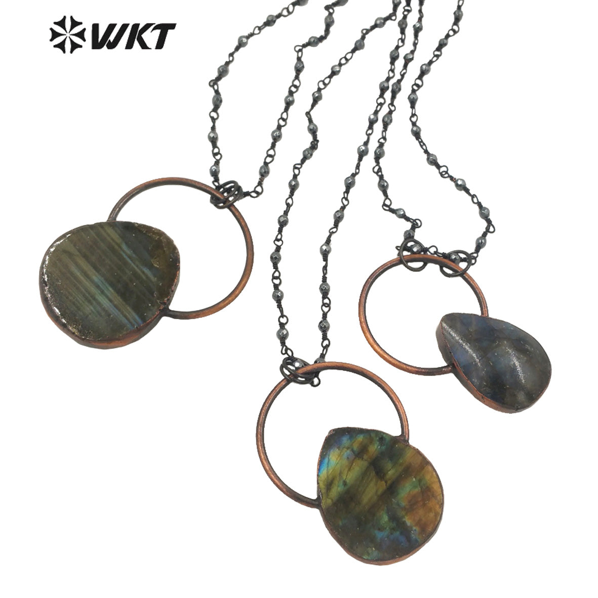 WT-N1334 WKT Vintage Shiny Antique Copper Water Drop Shape Natural Stone Labradorite with Copper Big Ring Jewelry Necklace