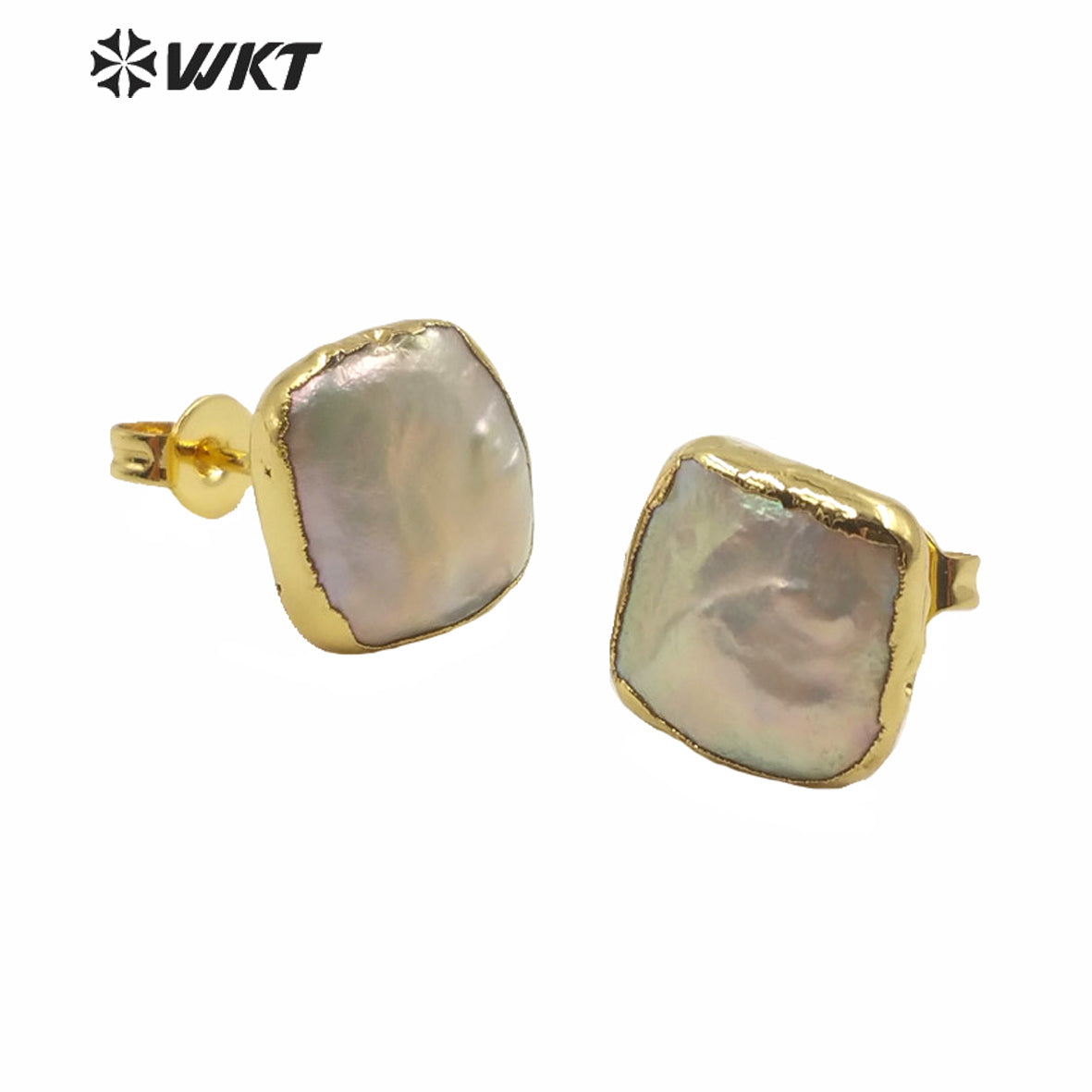 WT-MPE027 Wholesale Natural Freshwater square Pearl Studs Lady Fashion Gold Filled Real White Pearl Earrings Studs Gift Studs