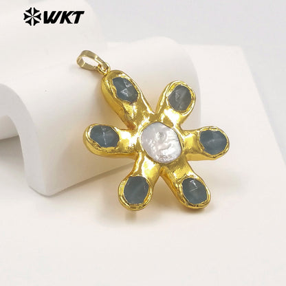 WT-JP473 Popular Fashion Gold Electroplated Natural Stones And Pearl Flower Shape Charm Pendants For Girls Birthday Gift