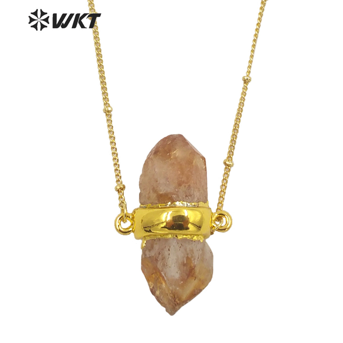 WT-N1290 Wholesale Healing Spirit Yellow Citrine Quartz Stone Necklace 18inch Long Stellite Beads Chain Citrine Pendant Necklace