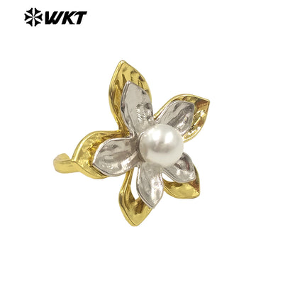 WT-MPR128 Popular Fashion Gold Plated Resist Tarnishable Flower Shape Artificial Pearl Ring for Women