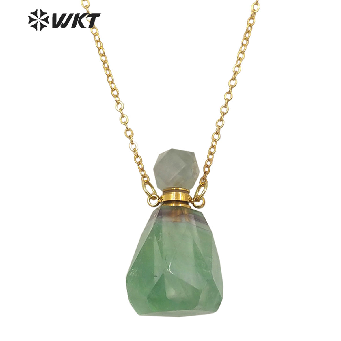 WT-N1312 Wholesale Fashion Gold Stainless Steel Handmade Cab Chon Natural Raw Fluorite Stone Perfume Bottle Necklace for Women