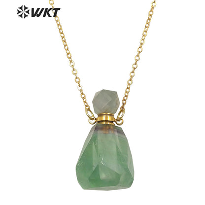 WT-N1312 Wholesale Fashion Gold Stainless Steel Handmade Cab Chon Natural Raw Fluorite Stone Perfume Bottle Necklace for Women