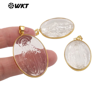 WT-JP427 New Sales Gold Plated Oval Shape Natural Crystal Quartz Stone Hand Carved Figure Clear Pendant For Necklace DIY