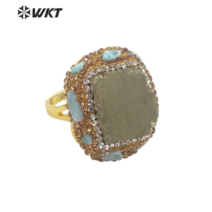 WT-R435 WKT Victoria Age Classic Natural Raw Pyrite Ring Unique Gold Rhinestone Charm Energy Stone Ring for Friend Gift