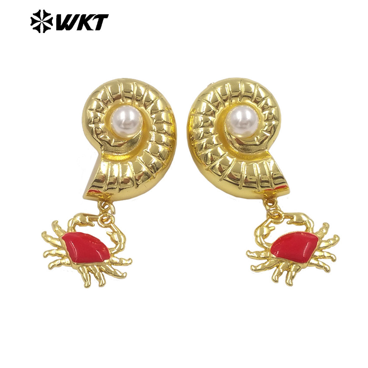 WT-ME133 High Quality Interesting Gold Plated Brass Shell And Crab Charm With Artificial Pearl Earrings For Ladies Party Gift