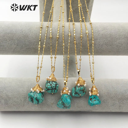 WT-N1153 Natural Turquoises Stone Necklace Howlite With Wire Wrapped Pendant White Beaded Charm Women Fashion Necklace Jewelry