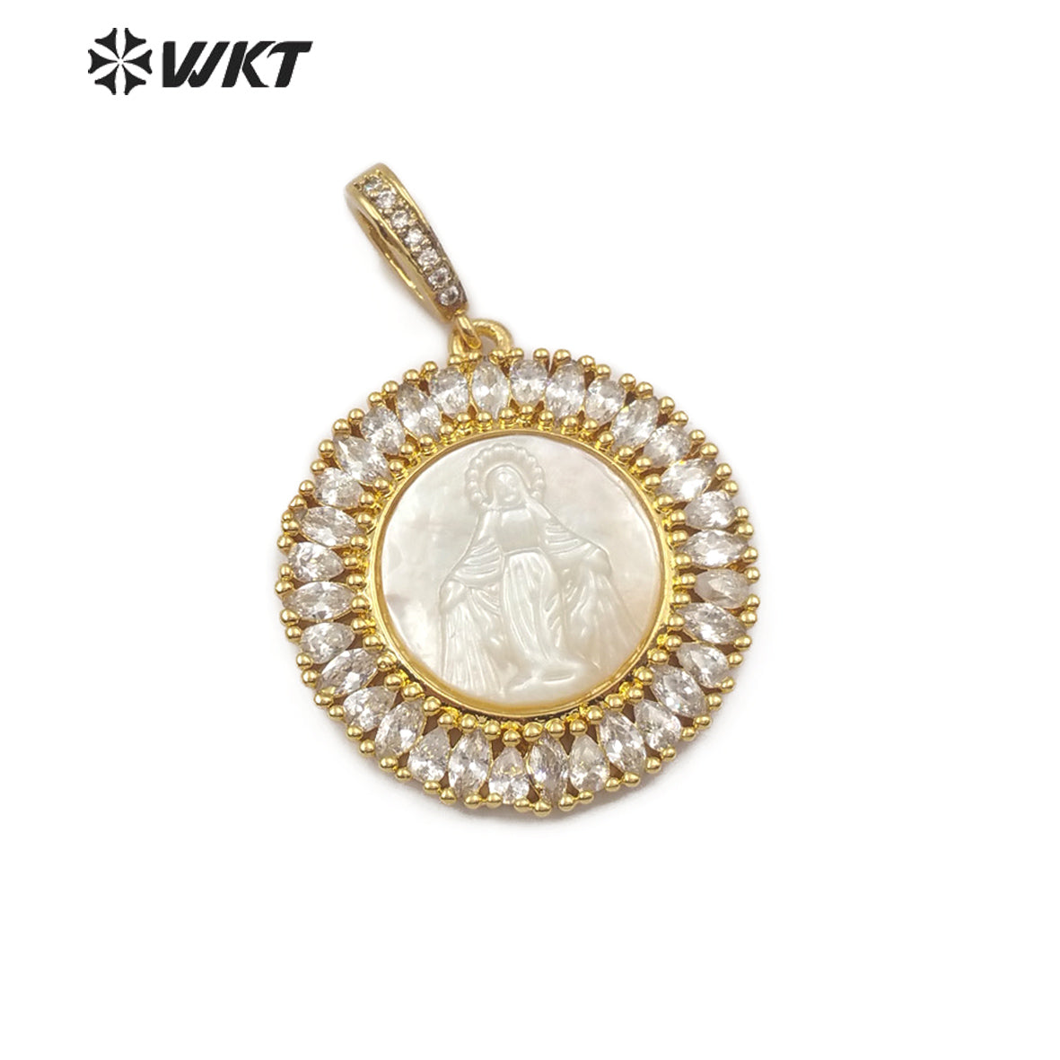 WT-MP115 Hot Sale Jewelry Fashion Virgin Mary Guadalupe Benedict 18K Gold Plated Round Shape Religious CZ Pave Pendant
