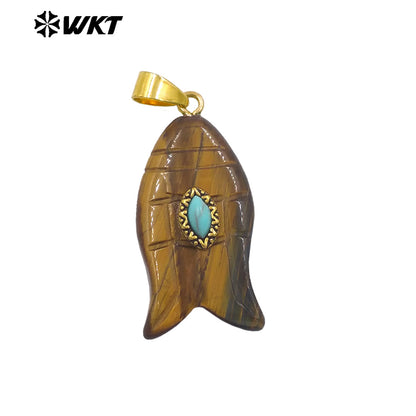 WT-P2012 Wonderful Gold Plated Fish Shape Multi Colors Natural Gemstones Set In Small Stone Pendants For Unique Jewelry Making