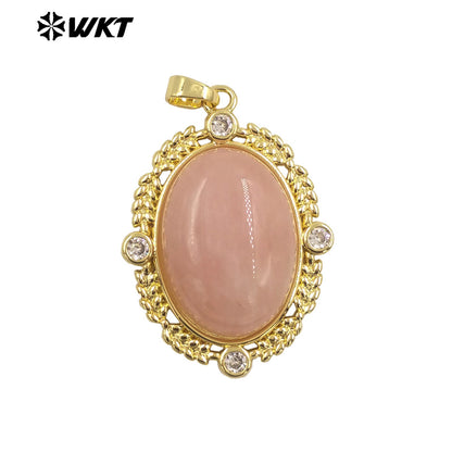 WT-P1985 Wholesale Fashion Gold Bezel Setting With Zircon Around Natural Oval Rose Quartz Stone Pendant for Necklace