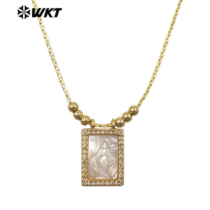 WT-JN389 Trending Religious Style 18K Gold Plated Oval And Square White Shell Pendant Necklace For Women Daily Wearing