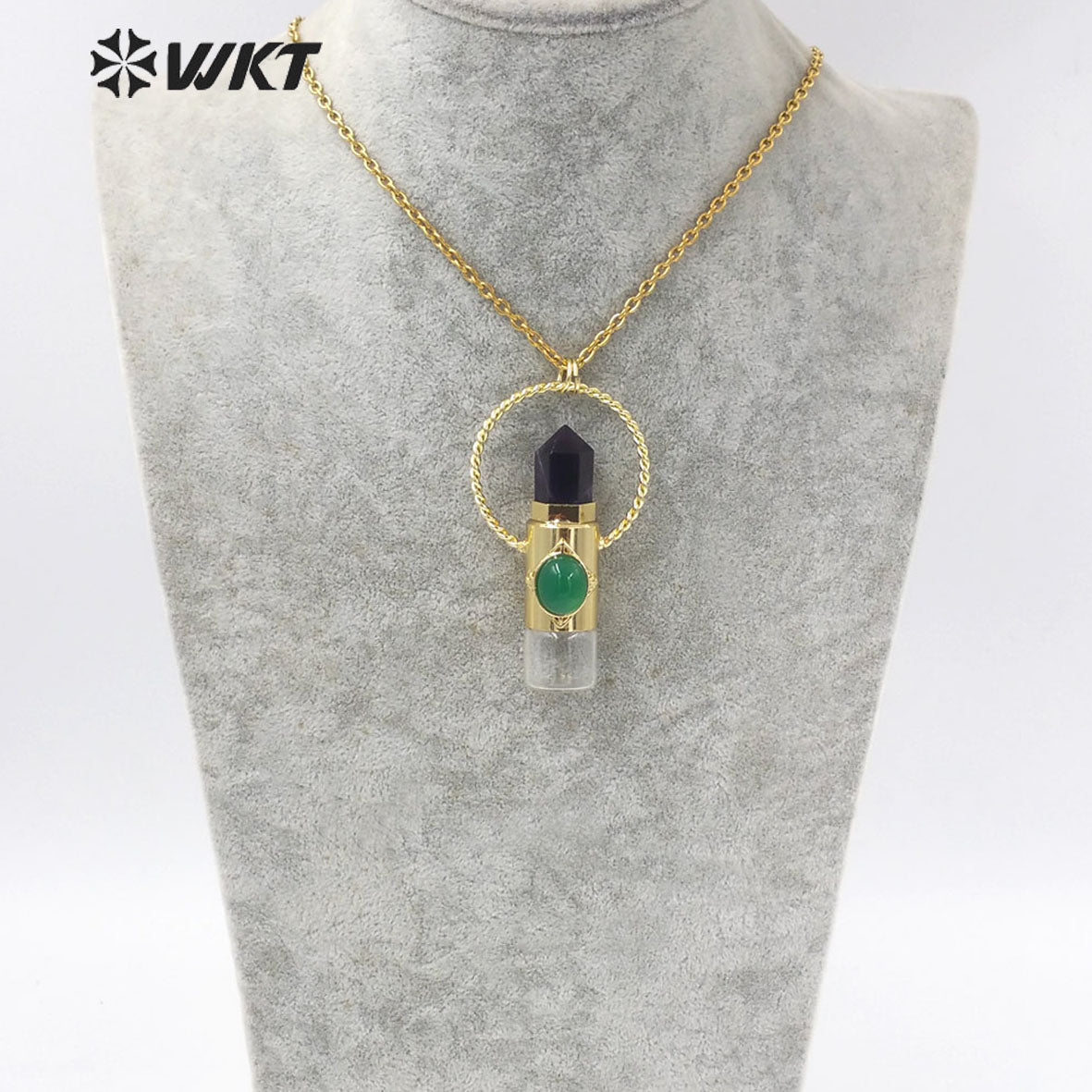 WT-N1308 Amazing WKT NEW Natural Stone Spirit Quartz Roller Perfume Bottle Pendant Necklace for Women Gift Stone Bottle Necklace