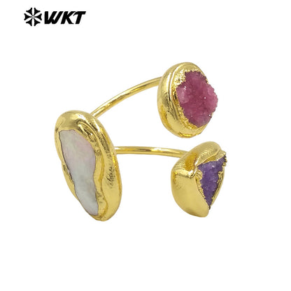 WT-MPR117 New Product Special 18K Gold Plated Pearl Druzy Quartz Triangle Diamond Ring for Men and Women As Daily Decoration