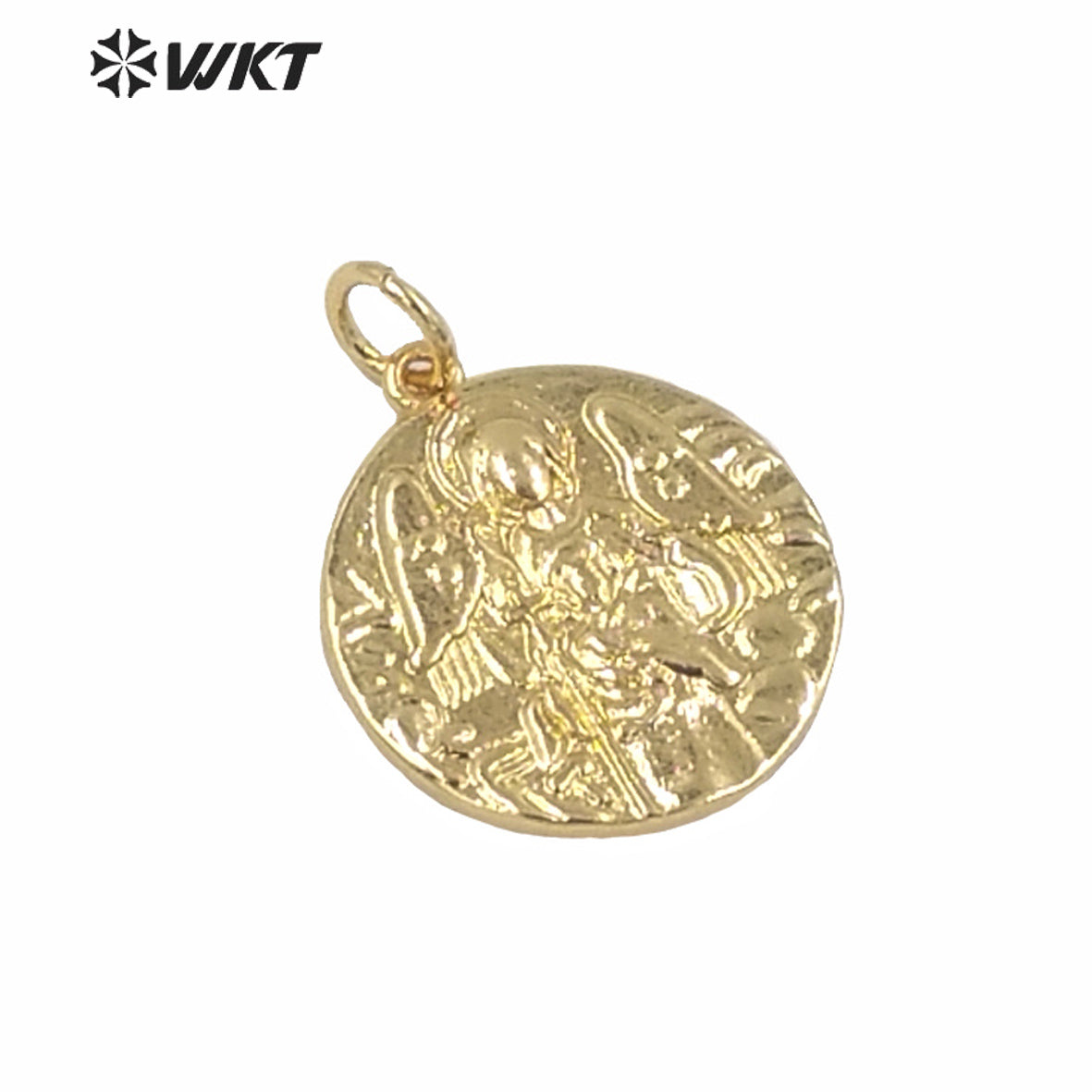 WT-MP150 Unique Full Gold Electroplated Yellow Brass Metal Base Round Tiny Coin Pendant Hot Gold Women Fashion Christian Angel